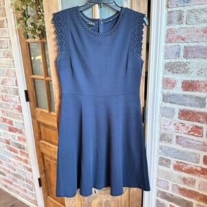 Talbots Dress Med Petite Navy Blue Eyelet Lace Cotton Fit Flare Jersey FLAW